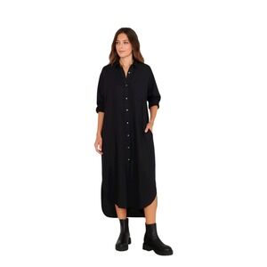 Mamène Florence Oversized Maxi Shirt Dress Size M/L Black Linen Lagenlook Mamene
